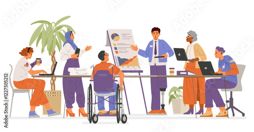 Diverse colleagues of different age, gender, ethnicity, with disabilities on a meeting flat vector illustration isolated on white. Inclusive workplace concept.