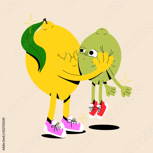 Vector isolated flat illustration of lemon and lime characters friendship. Citrus fruits funny mascot design. Colorful love illustration. Valentine's Day poster and postcard design. Cute faces.