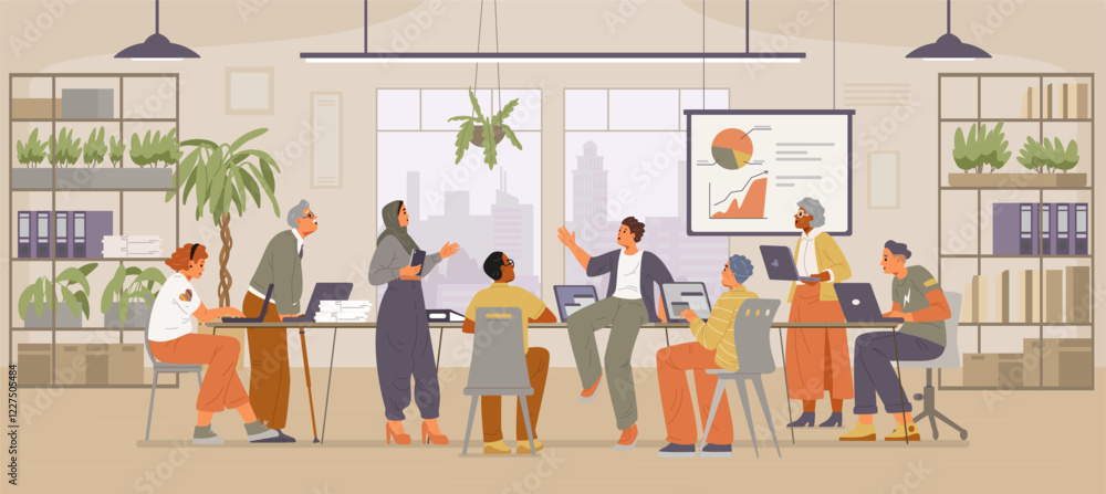 Diverse group of colleagues in a meeting in the open office interior flat vector illustration. Inclusive workplace concept. Diverse group of colleagues in a meeting in the open office interior flat vector illustration. Inclusive workplace concept.