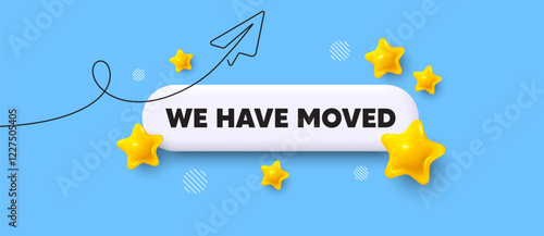 We have moved search bar. Share plane line icon. We have moved. Move new address sign. Place relocate symbol. Search button with 3d stars. Vector