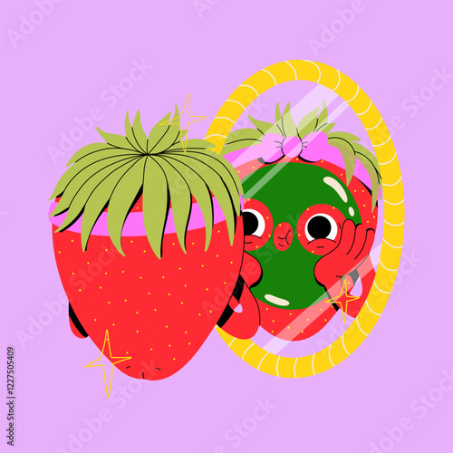 Isolated cute strawberry character making skin care routine with a mask in a bathroom mirror. Self-love. Fruit mascot design. Funny face red berry vector illustration. Cartoon flat retro style. 