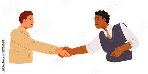 Two men of different ethnicity shaking hands flat vector illustration isolated on white.