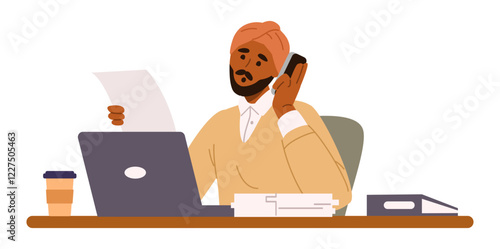 Indian man in turban working in the office talking by the phone waist-high flat vector illustration isolated on white.