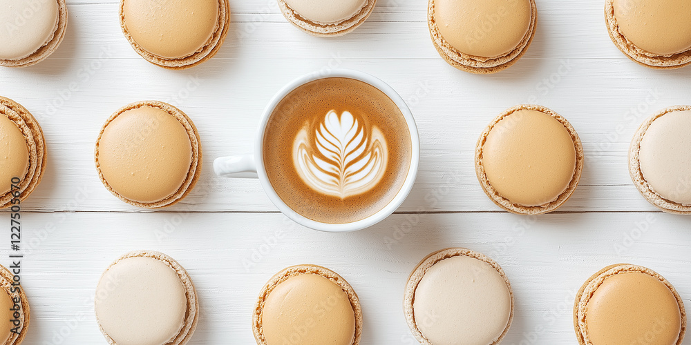 Two cups of coffee cappuccino and two macaroons on white wooden table Two cups of coffee cappuccino and two macaroons on white wooden table
