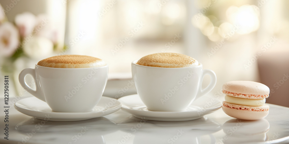 Two cups of coffee cappuccino and two macaroons on white wooden table Two cups of coffee cappuccino and two macaroons on white wooden table