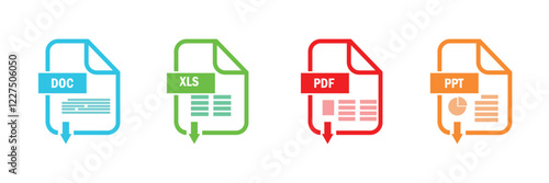 File format extensions. doc, xls, pdf, ppt. file format document icons.