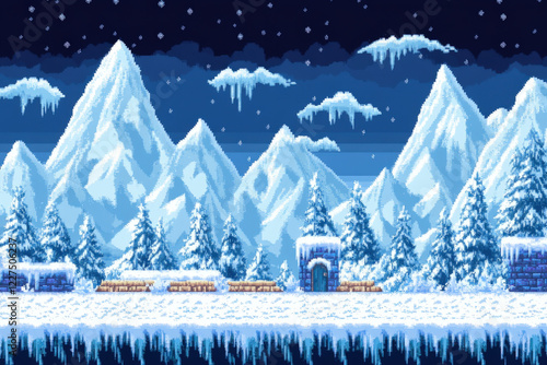 8 bit retro pixel art background winter landscape