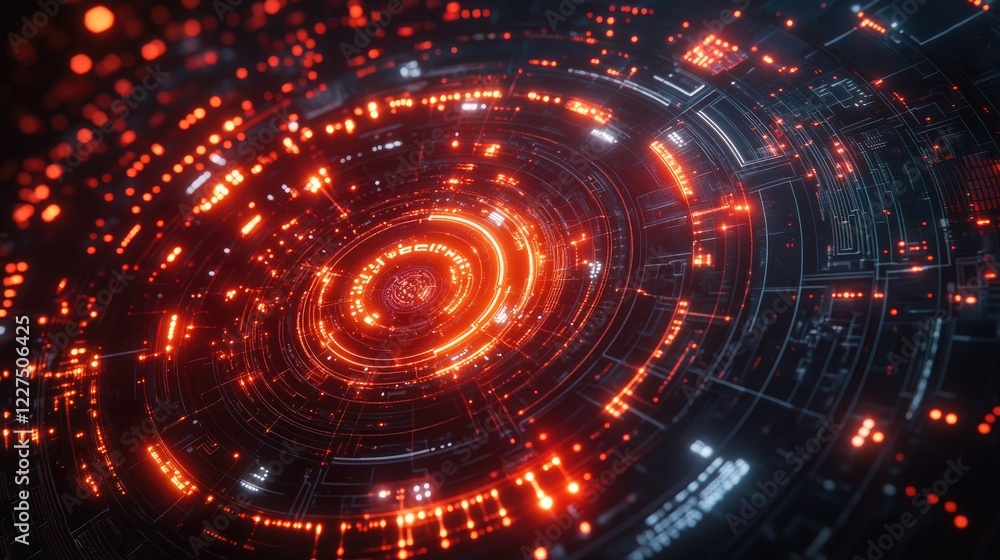 Obraz premium Abstract digital background featuring glowing circular patterns and intricate lines in vibrant red tones