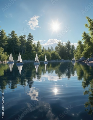 Shimmering silver lake reflecting the bright blue sky with a few sailboats gently swaying, shimmering water, natural serenity, reflective surface photo