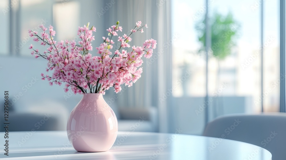 A modern, cozy space with a pink vase of fresh pink flowers on a clean white table, complemented by minimalistic decor items for a peaceful, inviting atmosphere A modern, cozy space with a pink vase of fresh pink flowers on a clean white table, complemented by minimalistic decor items for a peaceful, inviting atmosphere