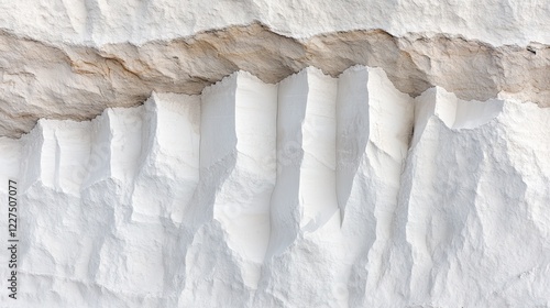 A close-up view of layered white rock formations, showcasing smooth, chiseled edges and an intriguing texture.