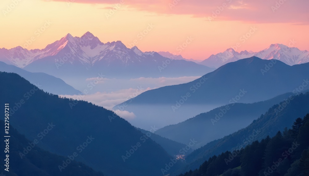 Fototapeta premium Misty mountain range at dawn, fog clinging to peaks, sunrise, grey