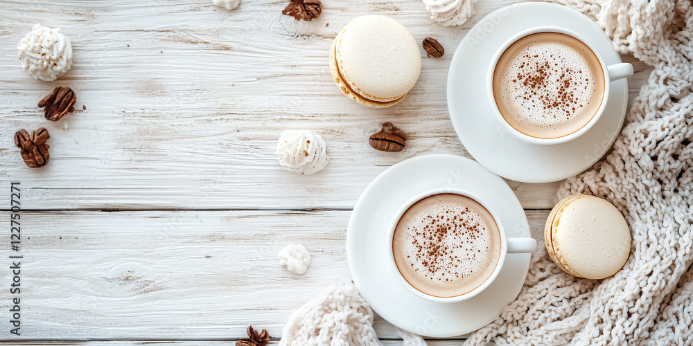 Two cups of coffee cappuccino and two macaroons on white wooden table Two cups of coffee cappuccino and two macaroons on white wooden table
