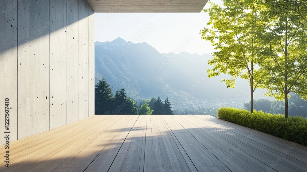 Fototapeta premium A modern wooden terrace with a blank concrete wall, featuring a door that opens to a scenic nature view in a 3D-rendered design