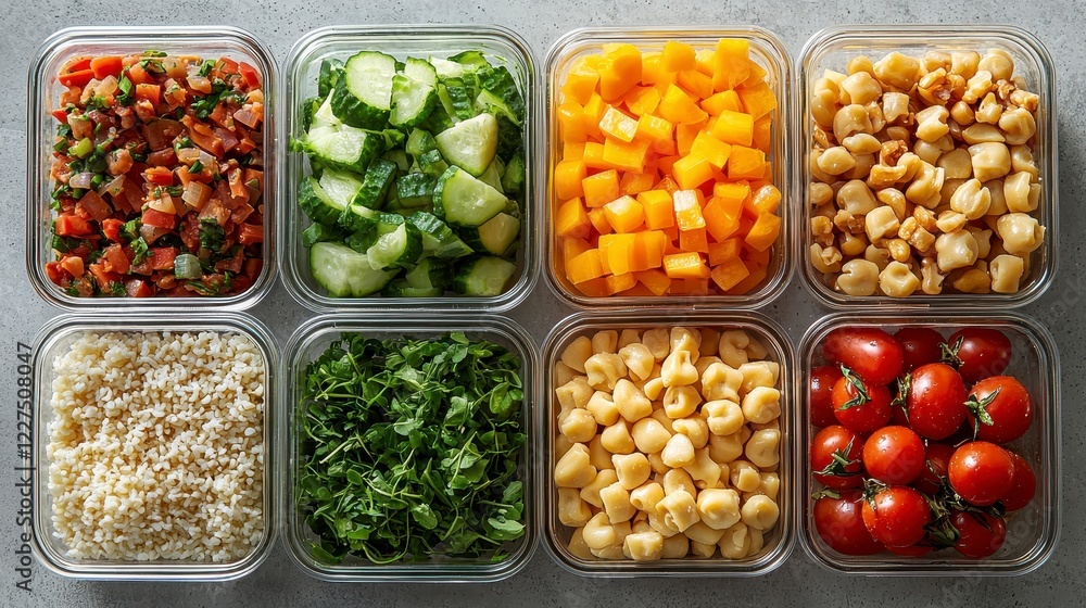 Prepped meal ingredients in containers on table Prepped meal ingredients in containers on table