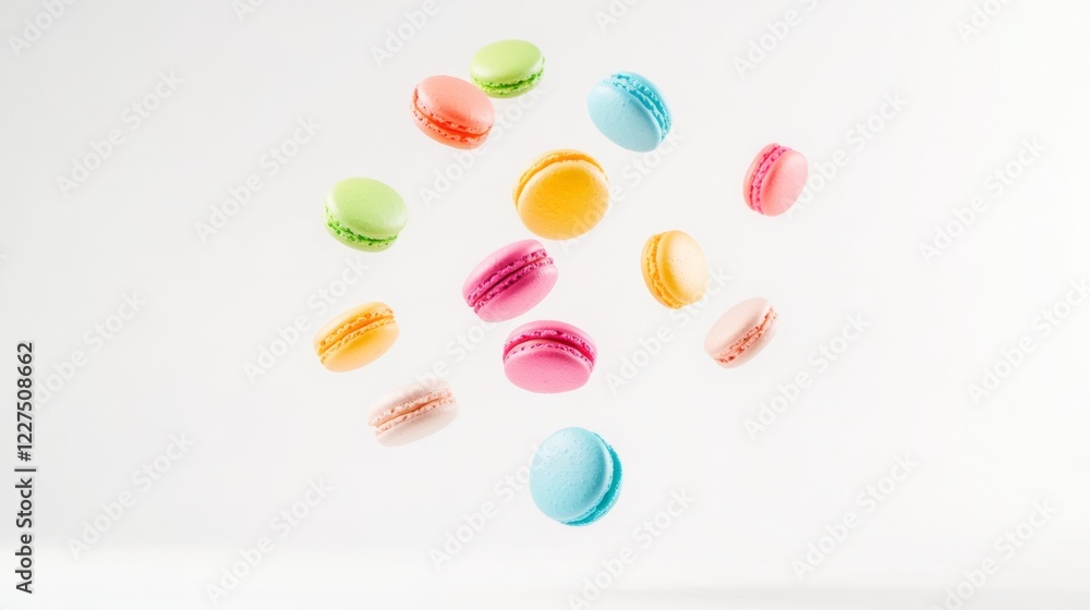 Colorful Macarons in Mid-Air: A Delightful Dessert Display Colorful Macarons in Mid-Air: A Delightful Dessert Display