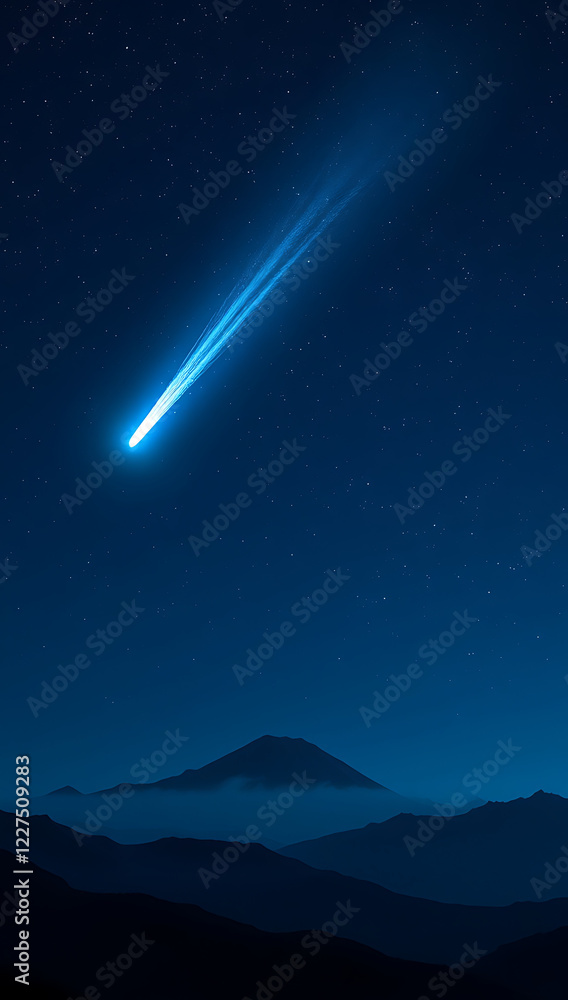 Obraz premium A celestial-inspired scene featuring a bright meteor streaking across the night sky, leaving a radiant glowing trail behind.