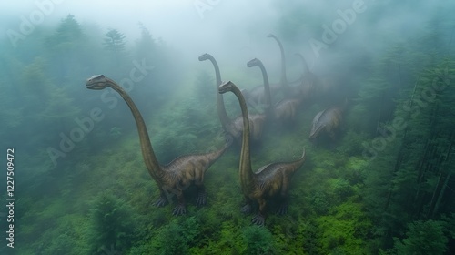 Aerial View of Barosaurus Herd Migrating Through Misty Valleys photo