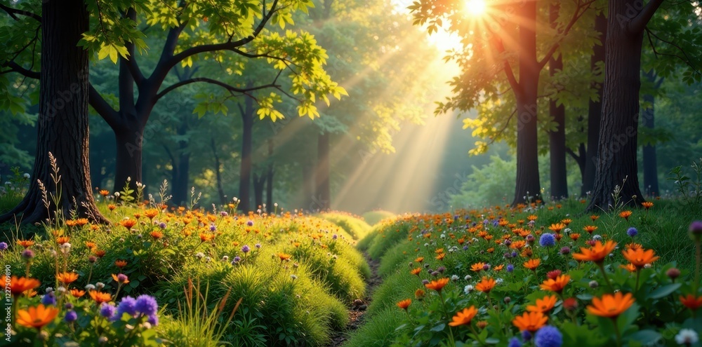 Obraz premium Sun-drenched forest clearing, vibrant wildflowers, flora, idyllic