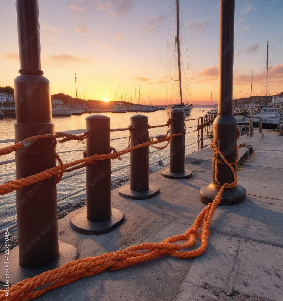 Obraz premium Seaport moorings with fenders and bollard ropes against a serene sunset, moorings, nautical, seaport