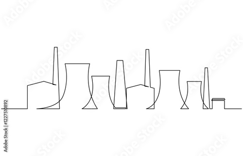 Continuous Line Drawing of Nuclear Power Icon, Continuous one line drawing industrial plant outline. Factory architecture buildings and landmark. Air pollution ecology concept.