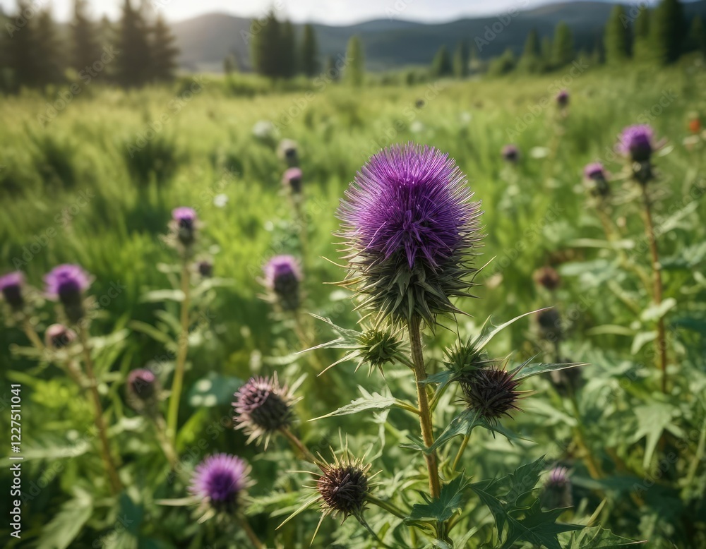 Scenic view of wild wooly thistle surrounded by greenery in countryside, vivid, landscape, greenery, view, scenic Scenic view of wild wooly thistle surrounded by greenery in countryside, vivid, landscape, greenery, view, scenic