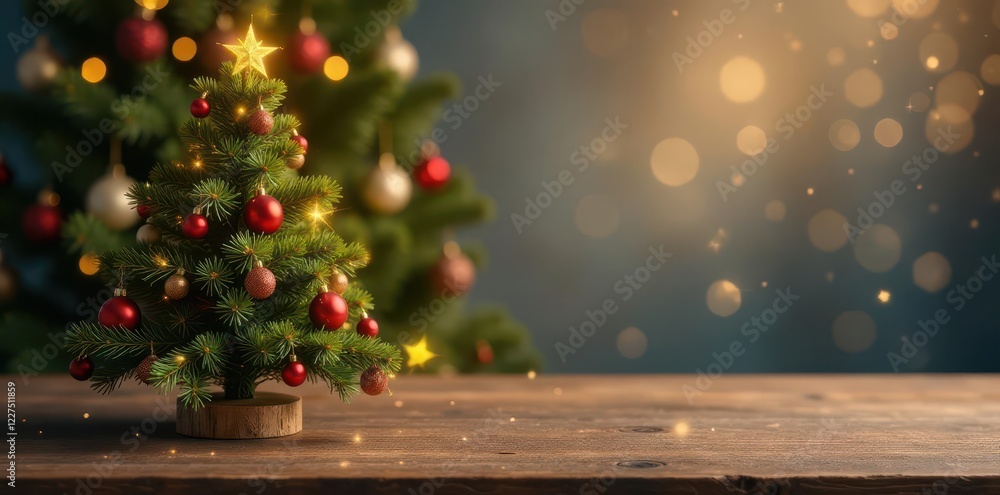 Simple wooden table, sparkling Christmas tree, garland backdrop, photography, interior Simple wooden table, sparkling Christmas tree, garland backdrop, photography, interior