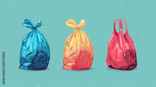 Colorful Plastic Bag Cartoon Icon for Supermarket Packaging photo