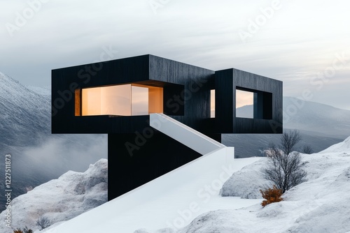 A minimalist drawing of a house split in two, with one half dilapidated and the other modern and renovated, using a monochromatic palette to emphasize the stark contrast photo