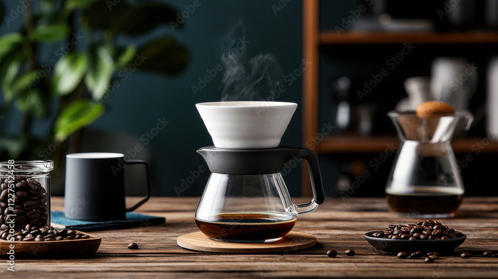 Obraz premium Handmade ceramic dripper with steaming coffee on rustic wooden table