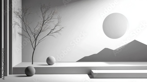 Monochromatic Minimalist Architectural Scene with Tree and Geometric Shapes