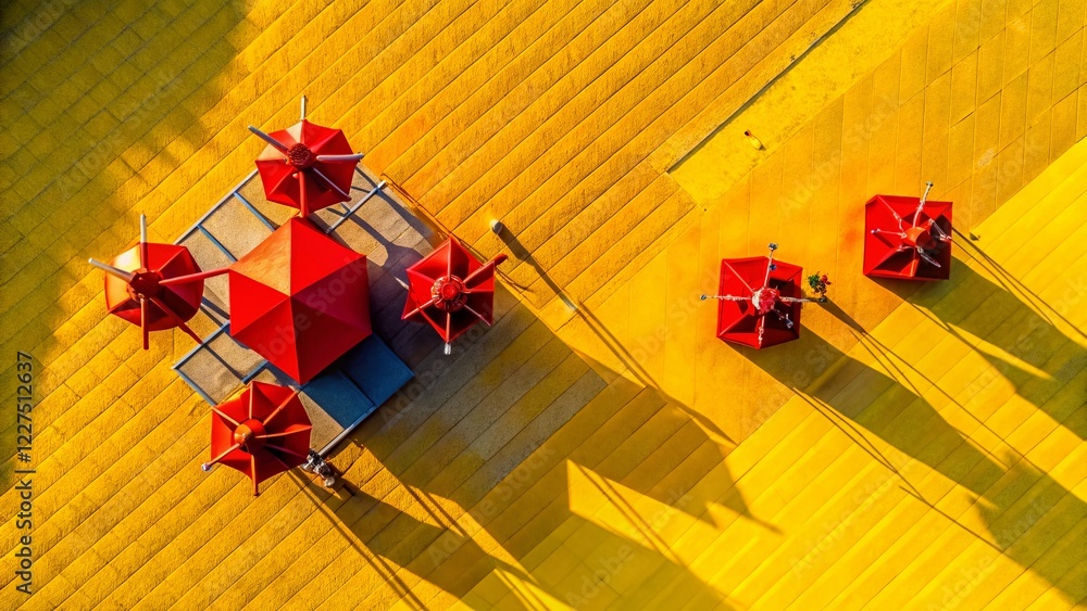 Obraz premium Abstract Red Shapes on Yellow Background: Aerial Drone View of a Break Time
