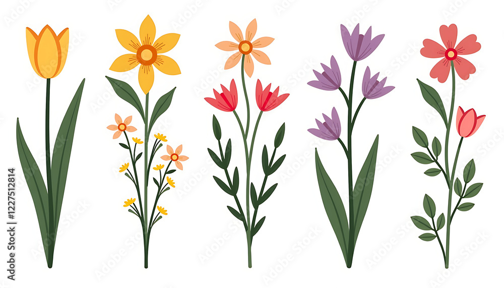 Fototapeta premium Whimsical and stylized illustration featuring 5 separate panels, each showcasing a different spring flower on a white background