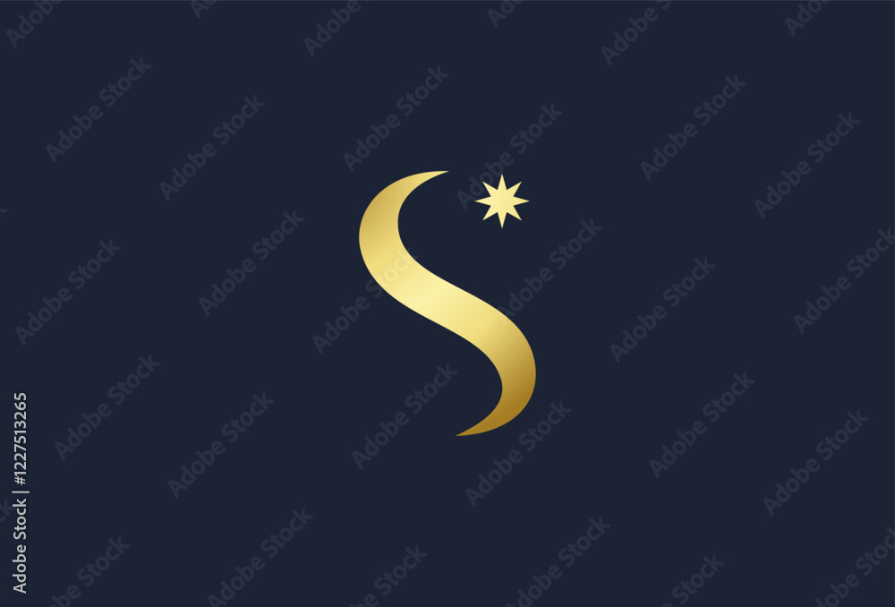 Fototapeta premium Abstract Initial Letter S Star Logo. Gold Wave S Letter with Star Icon Combination isolated on Dark Background. Usable for Business and Branding Logos. Flat Vector Logo Design Template Element.
