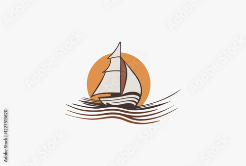 Sailboat Vector Illustration. Logo Concept for Sea travel agency, vacation marine tour or water transport company. simple vector symbol. Sail boat on ocean blue wave.