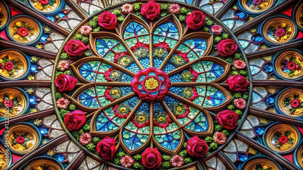 Abstract Rose Window Architectural Design: Geometric Round & Square Framework