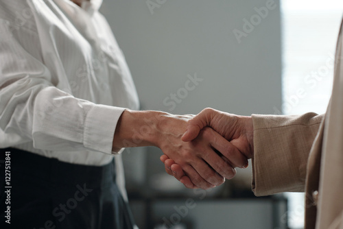 Close-up of handshake of two female entrepreneurs after negotiating and signing new business contract