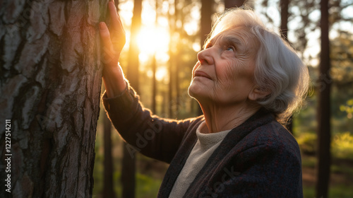 An old woman lost in the forest walking among the trees looking for the way out photo