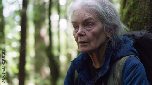 An old woman lost in the forest walking among the trees looking for the way out