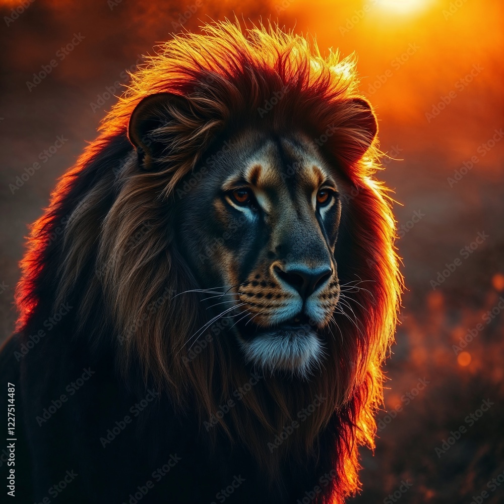 Fototapeta premium Elegant lion bathed in warm golden hour light, showcasing rich burgundy and deep blue tones 
