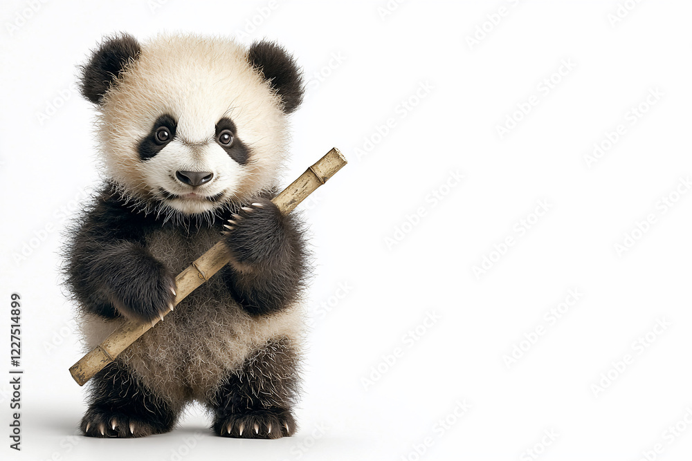 Naklejka premium Adorable baby panda holding a bamboo stick, set against a clean white background, evoking playfulness