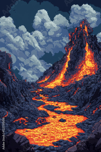 Lava flow erupts pixel art background retro 8-bit photo