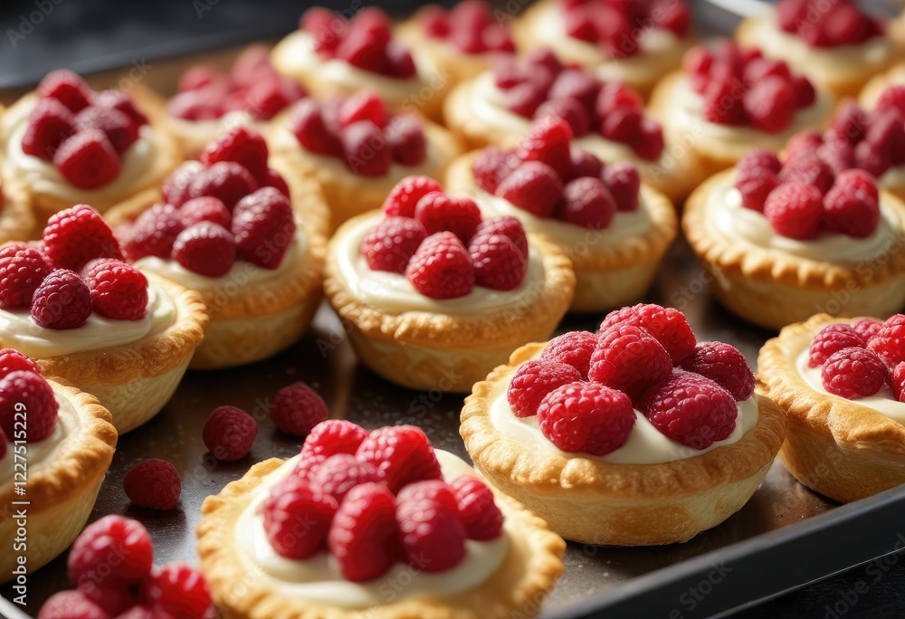 Raspberries and cream-filled pastry cases on a tray , fruit-topped desserts, pastry creations, dessert centerpieces Raspberries and cream-filled pastry cases on a tray , fruit-topped desserts, pastry creations, dessert centerpieces