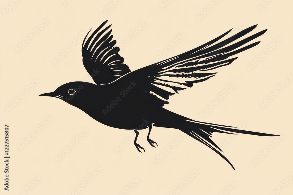 Fototapeta premium Elegant black silhouette of a bird in flight against a light backdrop at sunset. Generative AI