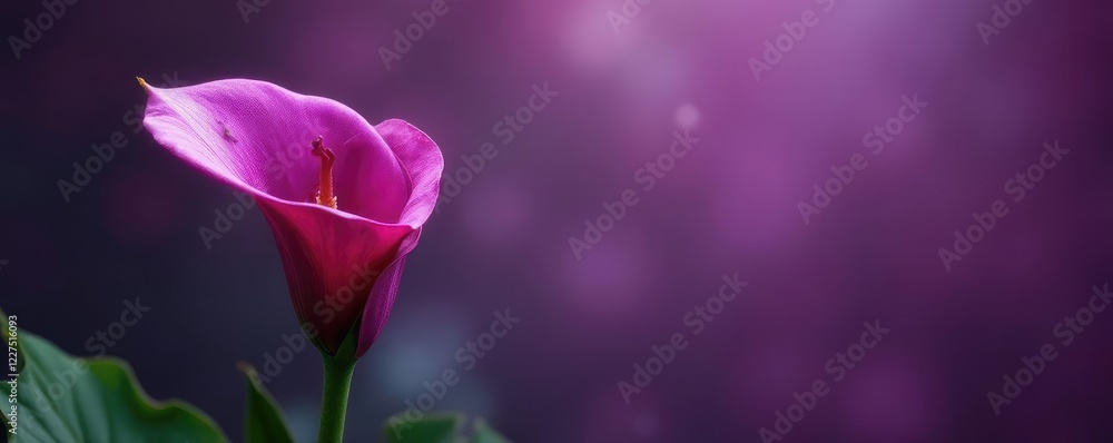 Obraz premium Purple calla lily stem with small leaves and flowers, detail, botanical, plant