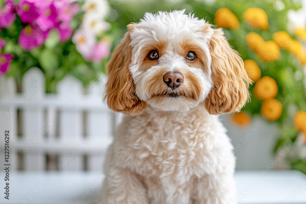A pet groomer calculating an estimate for grooming services, standing beside a fluffy dog on a grooming table A pet groomer calculating an estimate for grooming services, standing beside a fluffy dog on a grooming table