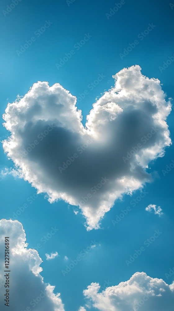 A whimsical heart-shaped cloud drifts lazily in the vast blue sky, inviting viewers to feel a sense of love and happiness A whimsical heart-shaped cloud drifts lazily in the vast blue sky, inviting viewers to feel a sense of love and happiness