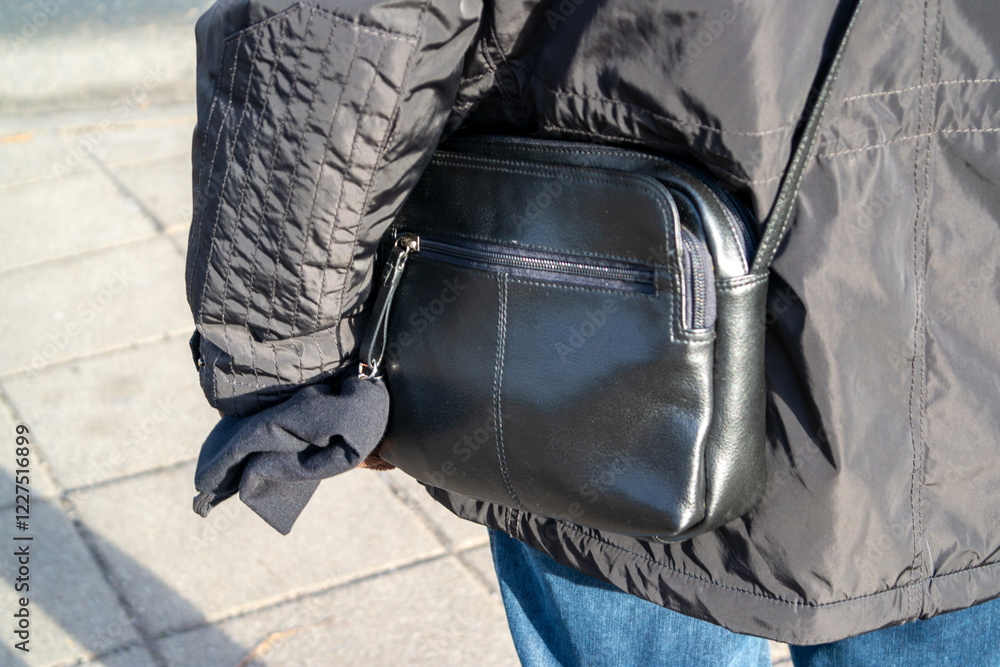 view of a man with a black handbag, symbol handbag theft