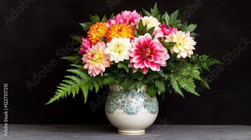 Wallpaper Mural A vibrant bouquet featuring colorful flowers and lush green ferns in a decorative vase, perfect for interior design. Torontodigital.ca