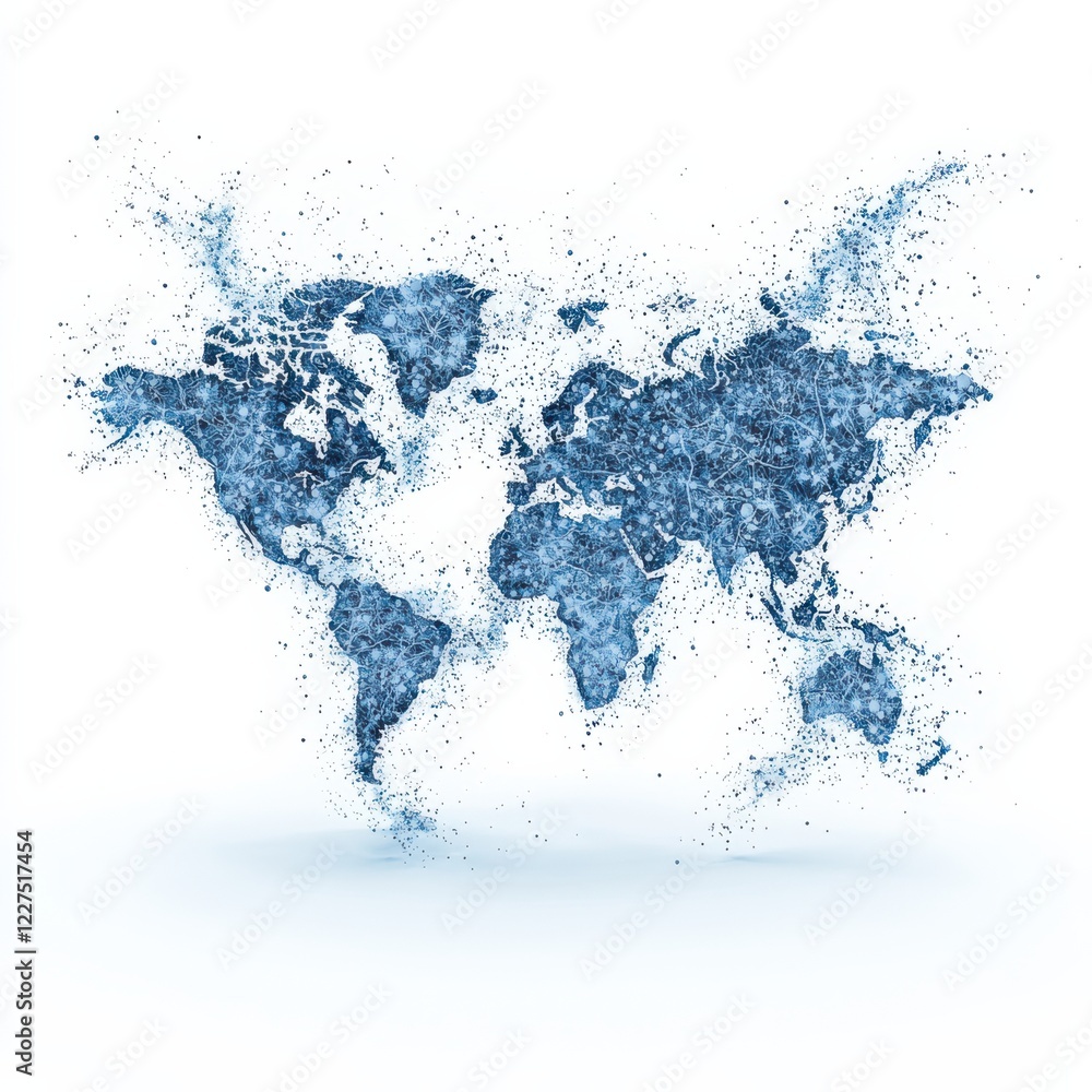 A creative representation of a world map made of blue splashes, symbolizing global connectivity and fluidity. A creative representation of a world map made of blue splashes, symbolizing global connectivity and fluidity.